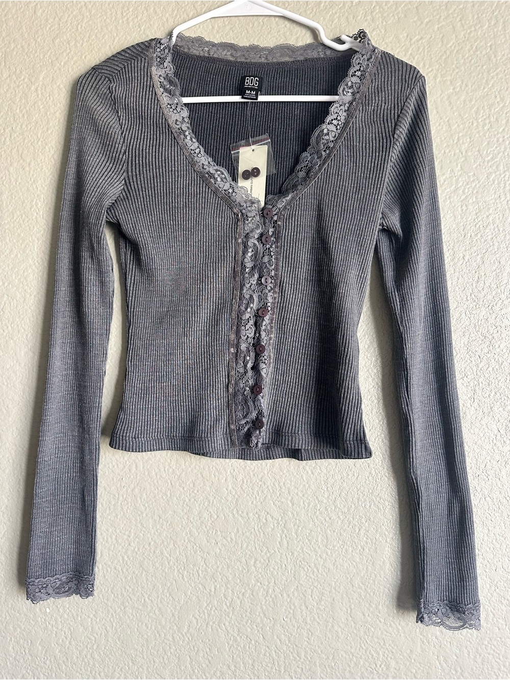 Urban Outfitters BDG Gray Ribbed Lace-Trim Button Front Long Sleeve Top